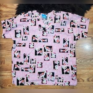 HQ Scrub High Quality Basics Pink Top with Flowers, Cats & Dogs Size L